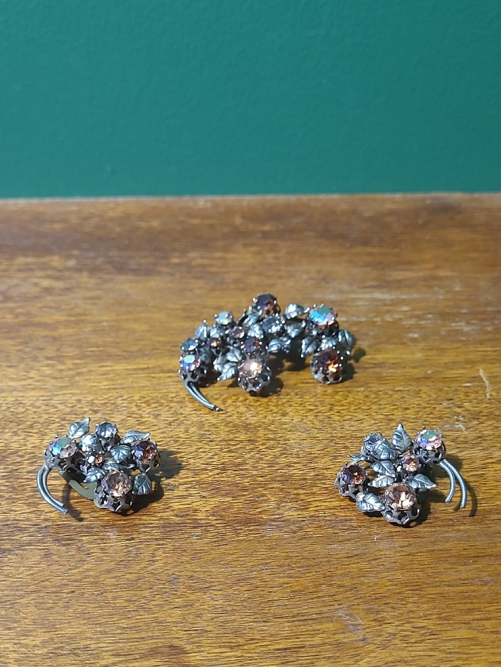 Vintage Signed Triad Rhinestone Crystal Floral Earrings and Brooch Set